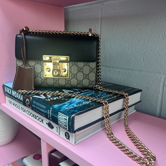 Elegant Black and Brown Crossbody Bag with Gold Chain - Picture 1 of 7